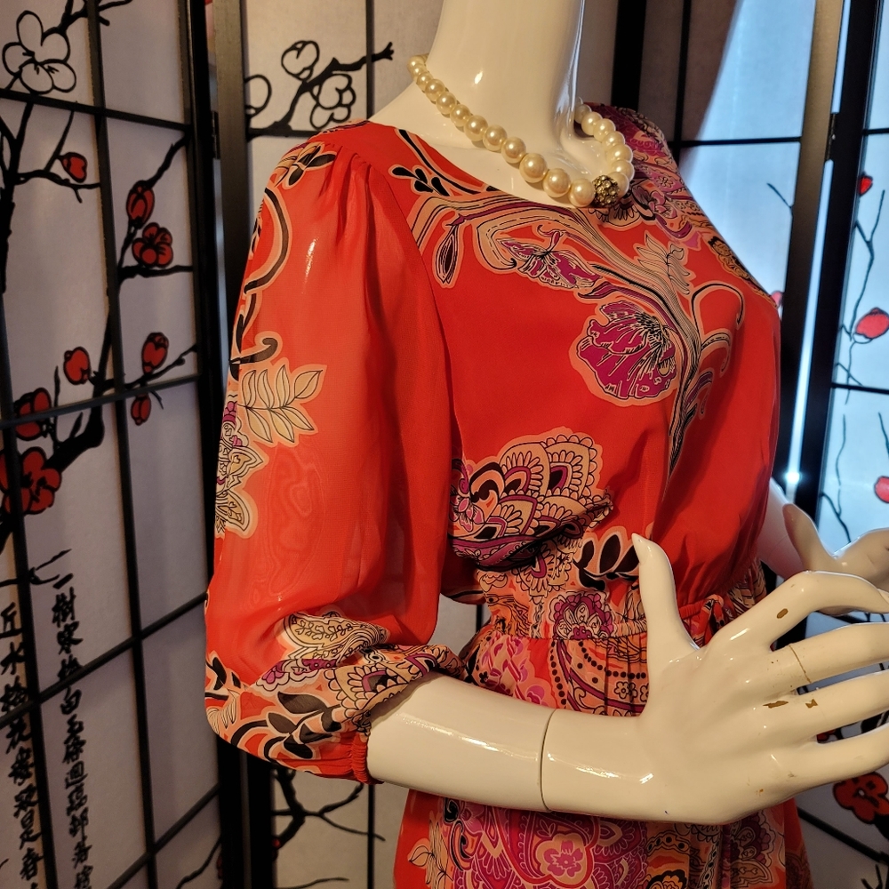 ENFOCUS STUDIO LADIES SHEER BLOUSON PAISLEY DRESS/ORANGE PAISLEY ART/SIZE 6P - Picture 11 of 12